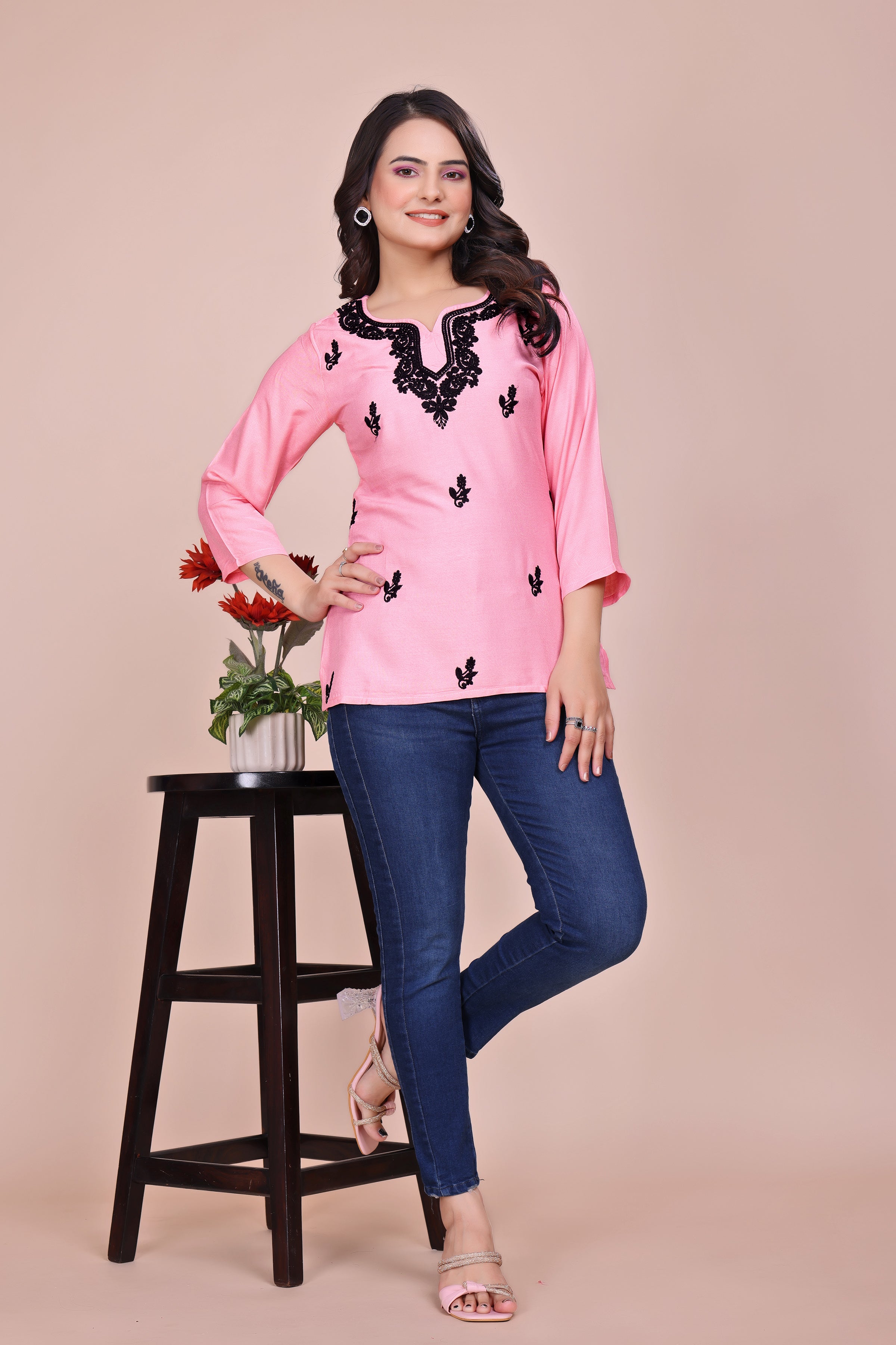 Pink Viscose Rayon Embroidered Tunic with 3/4 Sleeves